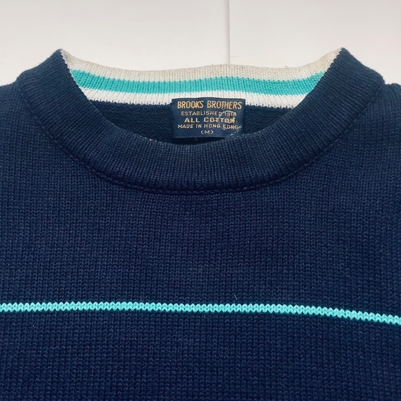 BROOKS BROTHERS NAVY BLUE AND WINDOW PANE STRIPE PATTERN COTTON SWEATER - Picture 2 of 5